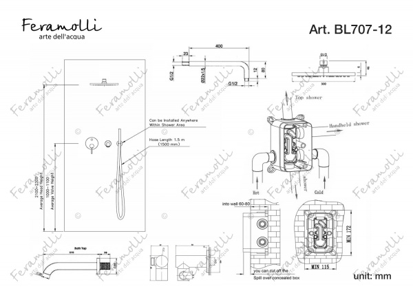 Душевой комплект Feramolli 3in1 BL707-12 (30см.), черный