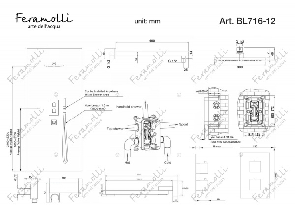 Черный душевой комплект с термостатом Feramolli BL716-12 (30см.), черный