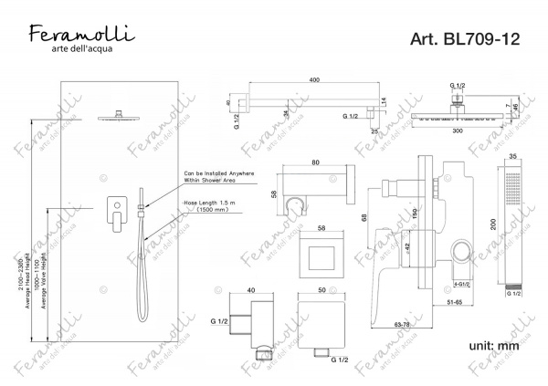 Черный душевой комплект Feramolli BL709-12 (30см.), черный