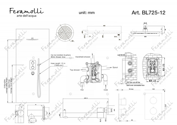 Черный душевой комплект с термостатом 3в1 Feramolli BL725-12 (30см.), черный
