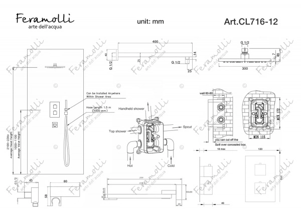 Хромированный душевой комплект с термостатом Feramolli CL716-12 (30см.)
