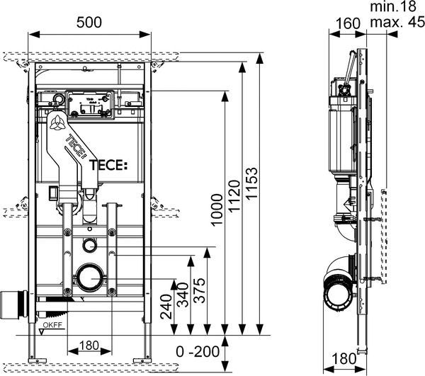 Застенный модуль TECElux 400 с регулировкой высоты и системой очистки воздуха, высота установки 1120 мм, 9600400