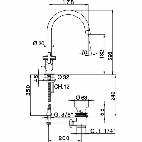 Смеситель двухвентильный для раковнины на 1 отверстие с донным клапаном CISAL Barcelona Quad BQ00152021
