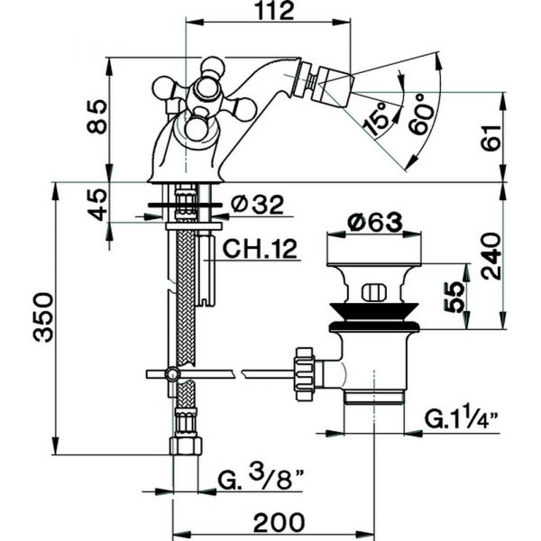 Смеситель двухвентильный для биде на 1 отверстие с донным клапаном CISAL Arcana Ceramic AC00055021