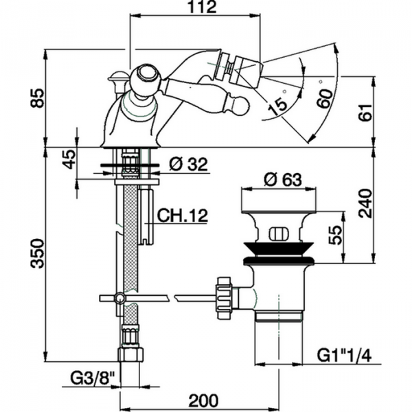 Смеситель двухвентильный для биде на 1 отверстие с донным клапаном CISAL Arcana Toscana TS00055027