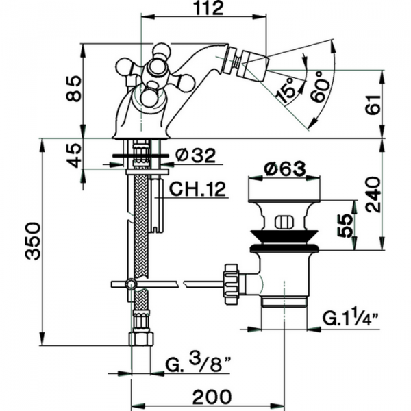 Смеситель двухвентильный для биде на 1 отверстие с донным клапаном CISAL Arcana Ceramic AC00055027