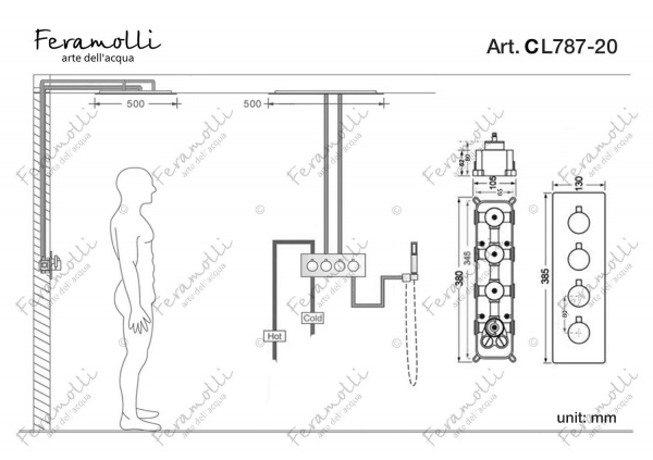 Хромированный душевой комплект с термостатом Feramolli CL787-20 (500мм.)