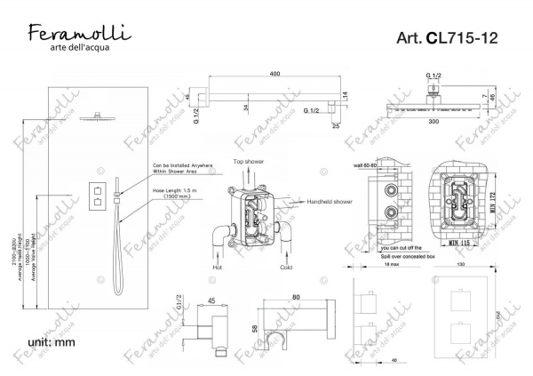 Хромированный душевой комплект с термостатом Feramolli CL715-12 (30см.)