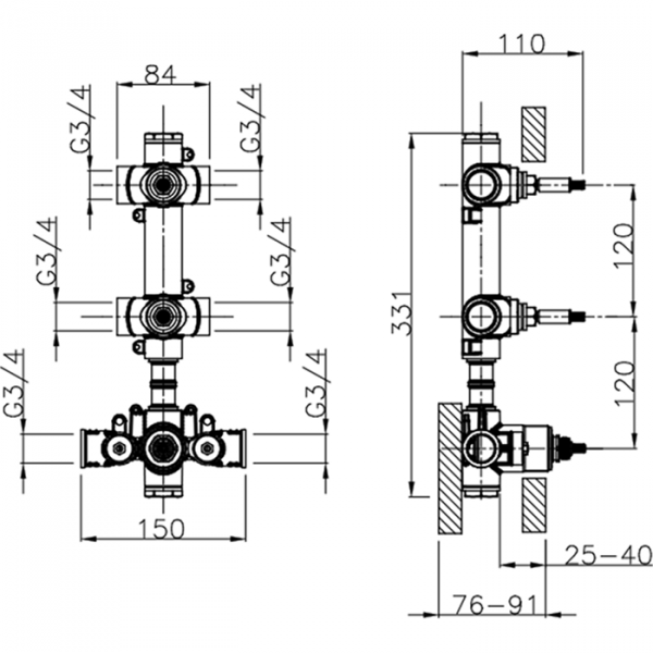 Встраиваемая часть термостатического смесителя 3/4 с двумя запорными вентилями CISAL Complementi ZA01V20004