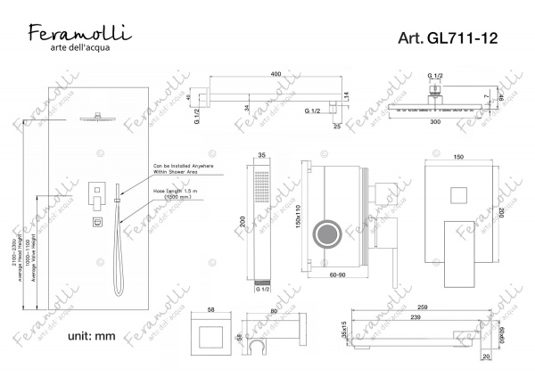 Душевой комплект Feramolli GL711-12 (30см.)