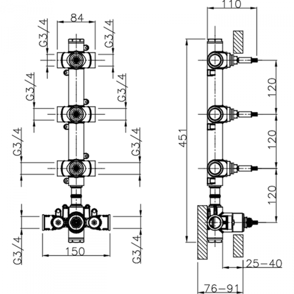 Встраиваемая часть термостатического смесителя 3/4 с тремя запорными вентилями CISAL Complementi ZA01V30004