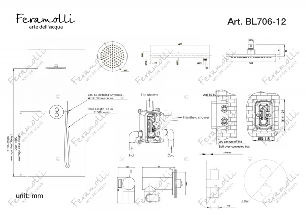 Черный душевой комплект с термостатом Feramolli BL706-12 (30см.), черный