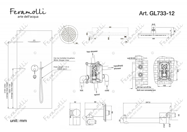 Душевой комплект Feramolli 3in1 GL733-12 (30см.)