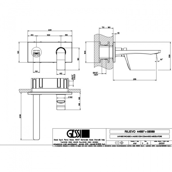 GESSI Rilievo Встраиваемый смеситель для раковины с изливом 215мм (внешние части), 59089#031