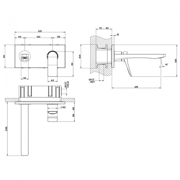 GESSI Rilievo Встраиваемый смеситель для раковины с изливом 215мм (внешние части), 59089#299