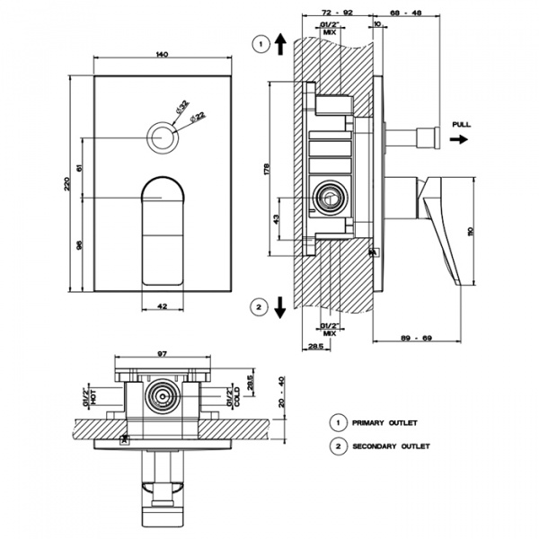 GESSI Rilievo Встраиваемый смеситель для душа на 2 источника  с автоматическим переключателем (внешние части), 59079#299