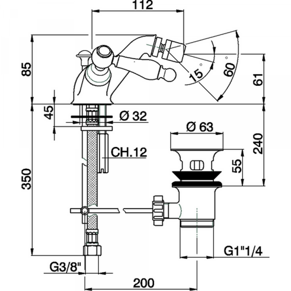 Смеситель двухвентильный для биде на 1 отверстие с донным клапаном CISAL Arcana Toscana TS00055021