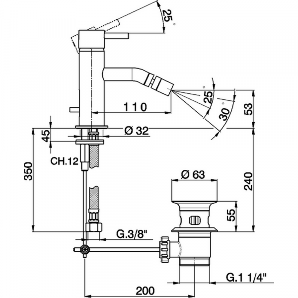 Смеситель однорычажный для биде на 1 отверстие с донным клапаном CISAL Less Minimal LM00055021