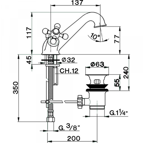 Смеситель двухвентильный для раковины на 1 отверстие с донным клапаном CISAL Arcana AR00051021
