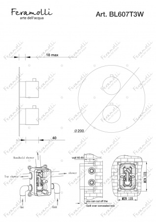 Термостатический смеситель скрытого монтажа на 3 потока Feramolli Termostato BL607T3W, черный
