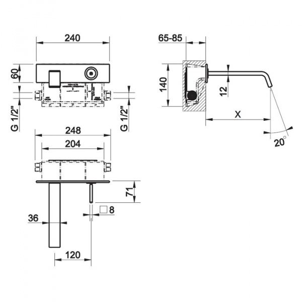 Gessi Rettangolo XL Встраиваемый смеситель для раковины с индивидуальной длиной излива (70-300мм), 26184#031