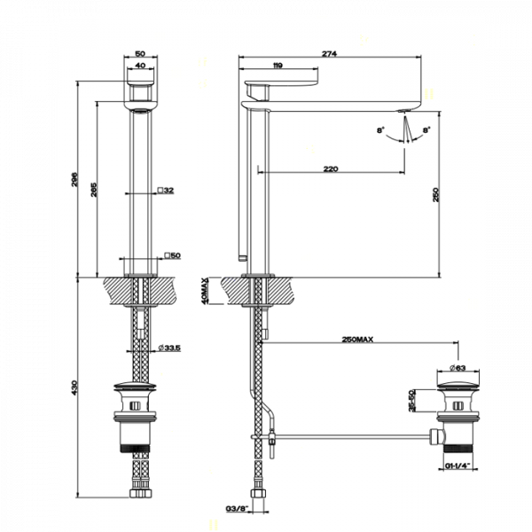 Gessi iSpa Смеситель для раковины на 1 отверстие с высоким изливом (донный клапан не входит в комплект), 41406#031