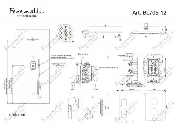 Душевой комплект с термостатом Feramolli BL705-12 (30см.), черный
