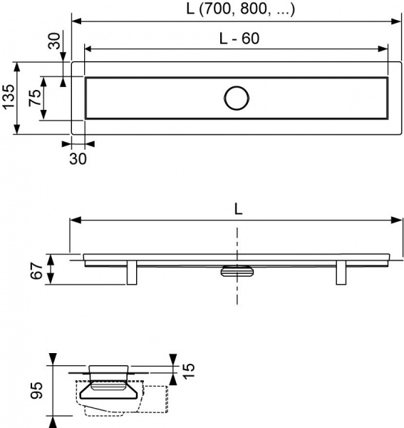 Комплект TECElinus для монтажа дренажного канала 2 в 1, с основой для плитки “tile” и матовой решеткой “steel”, 70 см, 15103079