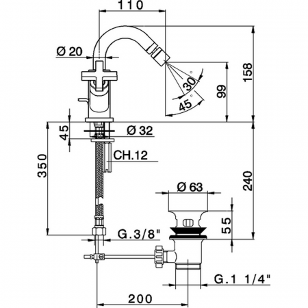 Смеситель двухвентильный для биде на 1 отверстие с донным клапаном CISAL Barcelona Quad BQ00155021