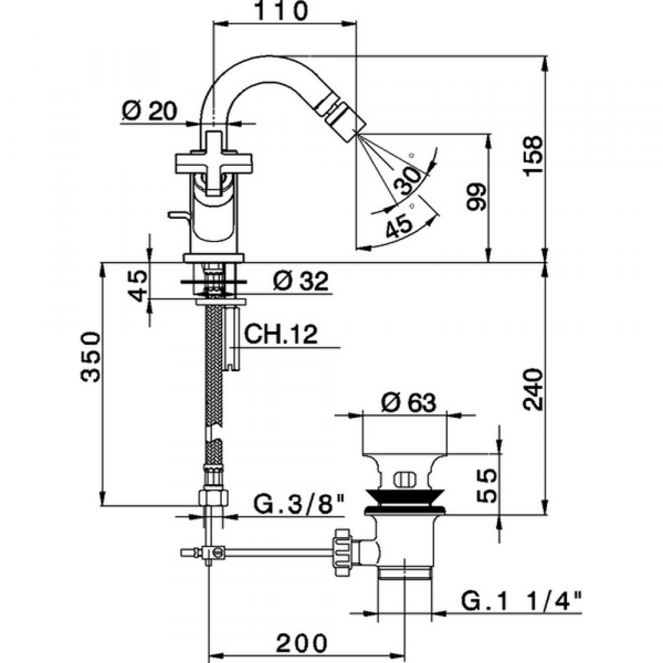 Смеситель двухвентильный для биде на 1 отверстие с донным клапаном CISAL Barcelona Quad BQ00155021
