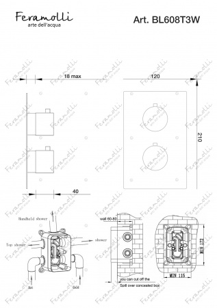 Термостатический смеситель скрытого монтажа на 3 потока Feramolli Termostato BL608T3W, черный