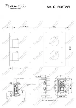Термостатический смеситель скрытого монтажа на 2 потока Feramolli Termostato CL608T2W, хром