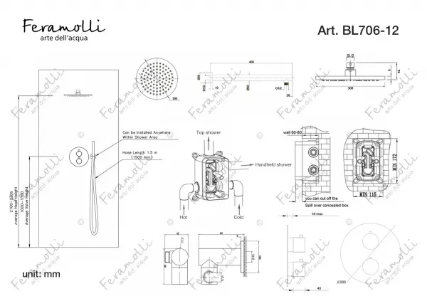 Черный душевой комплект с термостатом Feramolli BL706-12 (30см.)
