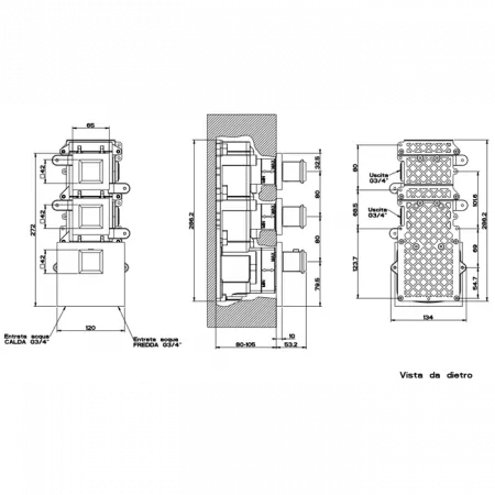 Gessi Внутренняя часть встраиваемого термостатического смесителя с 2мя независимыми выходами, 46224#080