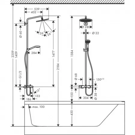 Душевая система hansgrohe Croma Select S Showerpipe 280 1jet с термостатом для ванны 26792000