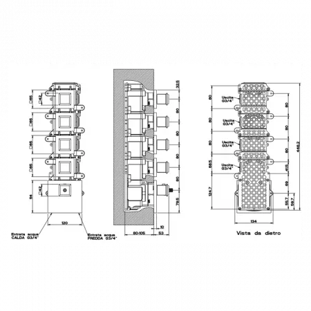 Gessi Внутренняя часть встраиваемого термостатического смесителя с 4мя независимыми выходами, 46228#080
