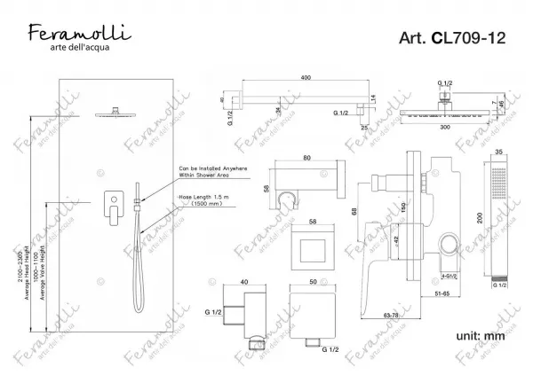 Душевой комплект Feramolli Pura CL709-12 (30см.), хром