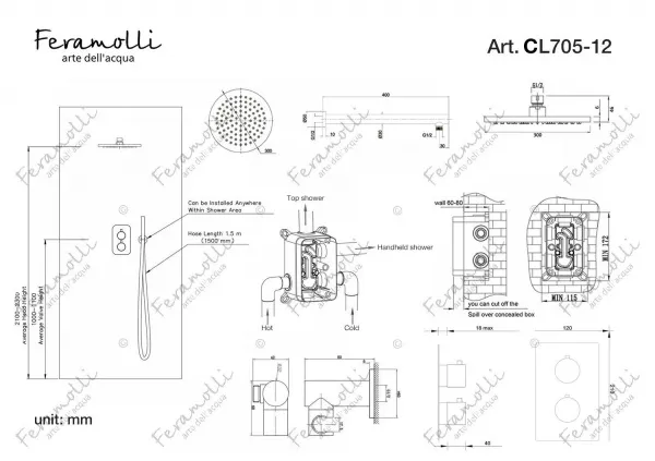 Термостатический комплект для душа Feramolli Termostato CL705-12 (30см.), хром